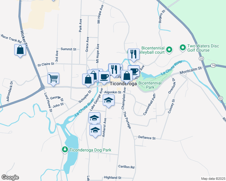map of restaurants, bars, coffee shops, grocery stores, and more near 19 Algonkin Street in Ticonderoga