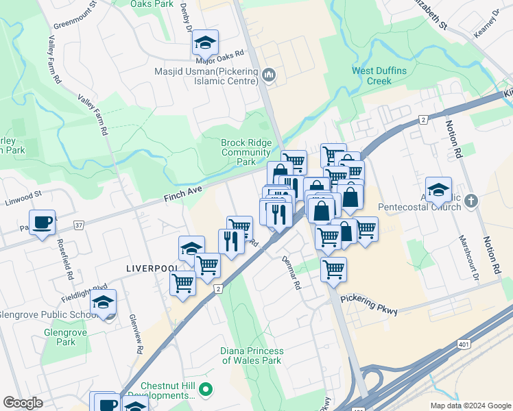 map of restaurants, bars, coffee shops, grocery stores, and more near 1982 Royal Road in Pickering