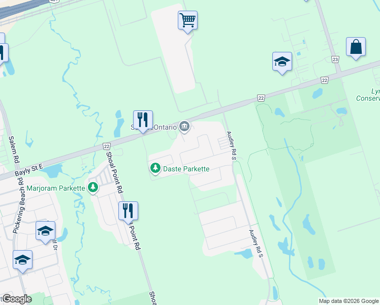 map of restaurants, bars, coffee shops, grocery stores, and more near 76 Whitefoot Crescent in Ajax