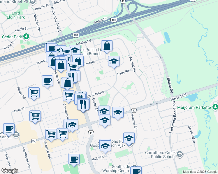 map of restaurants, bars, coffee shops, grocery stores, and more near 93 Kings Crescent in Ajax