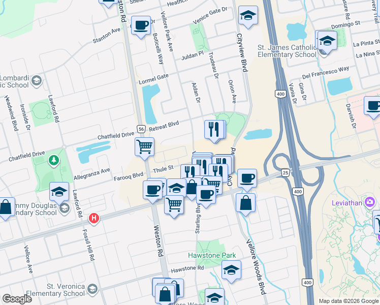 map of restaurants, bars, coffee shops, grocery stores, and more near 121 Tennant Circle in Vaughan