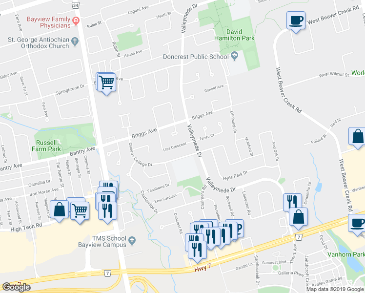 map of restaurants, bars, coffee shops, grocery stores, and more near 15 Lisa Crescent in Richmond Hill