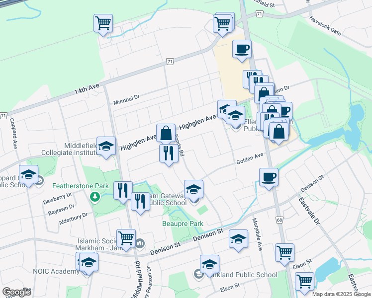 map of restaurants, bars, coffee shops, grocery stores, and more near 63 Stanley Lane in Markham
