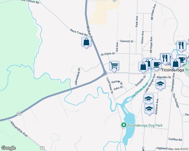 map of restaurants, bars, coffee shops, grocery stores, and more near 1001 Wicker Street in Ticonderoga