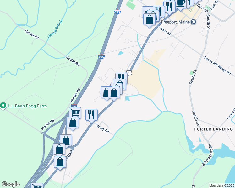 map of restaurants, bars, coffee shops, grocery stores, and more near 174 Lower Main Street in Freeport