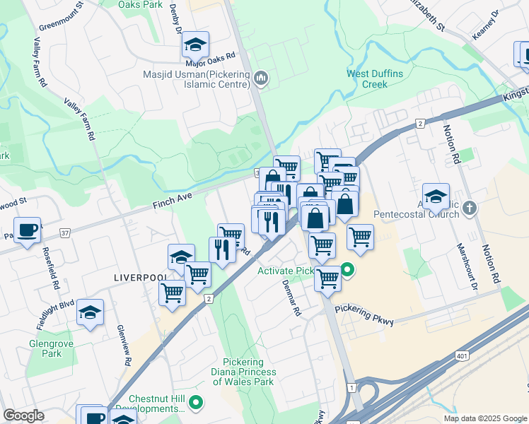 map of restaurants, bars, coffee shops, grocery stores, and more near 1982 Royal Road in Pickering