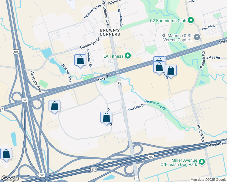 map of restaurants, bars, coffee shops, grocery stores, and more near 8500 Woodbine Avenue in Markham