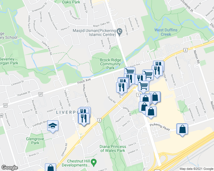 map of restaurants, bars, coffee shops, grocery stores, and more near 1985 Guild Road in Pickering
