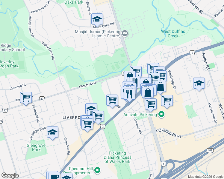 map of restaurants, bars, coffee shops, grocery stores, and more near 1985 Guild Road in Pickering