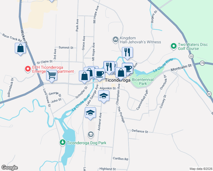 map of restaurants, bars, coffee shops, grocery stores, and more near 19 Algonkin Street in Ticonderoga