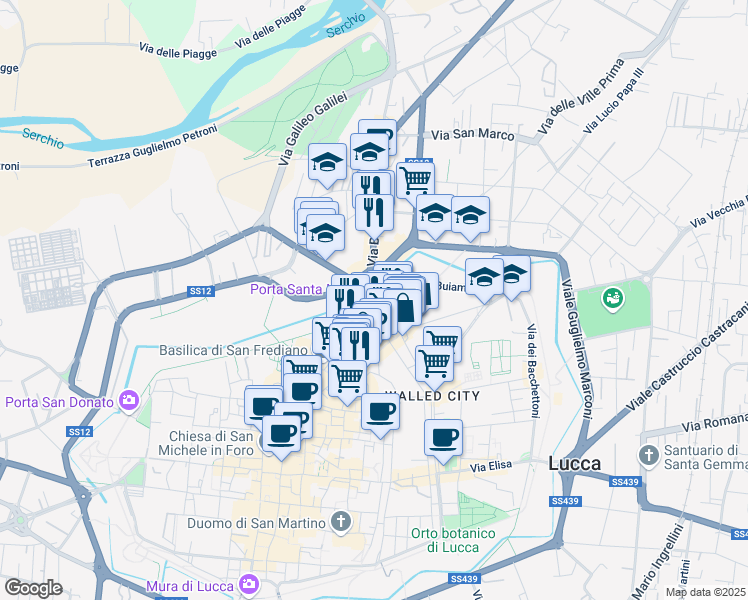 map of restaurants, bars, coffee shops, grocery stores, and more near Passeggiata Mura in Lucca