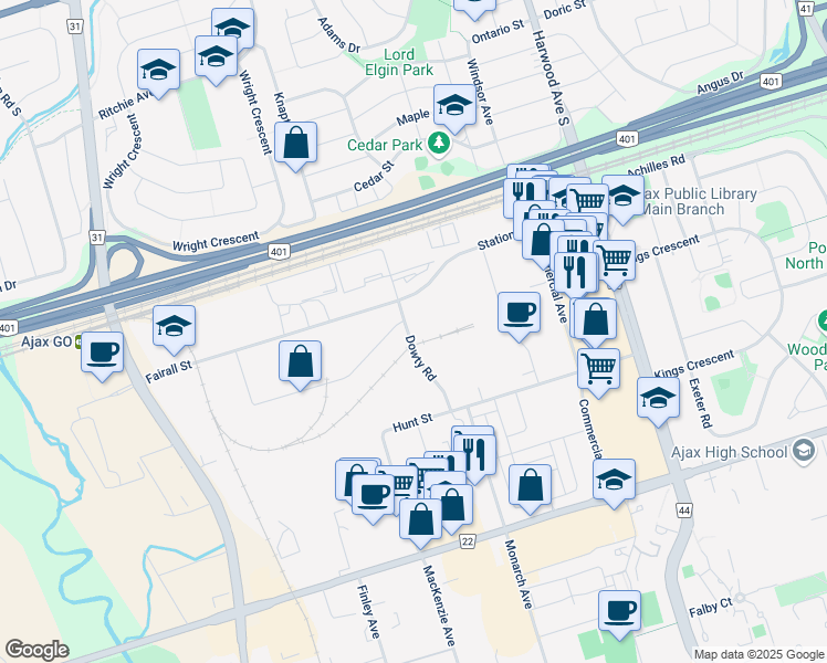 map of restaurants, bars, coffee shops, grocery stores, and more near in Ajax