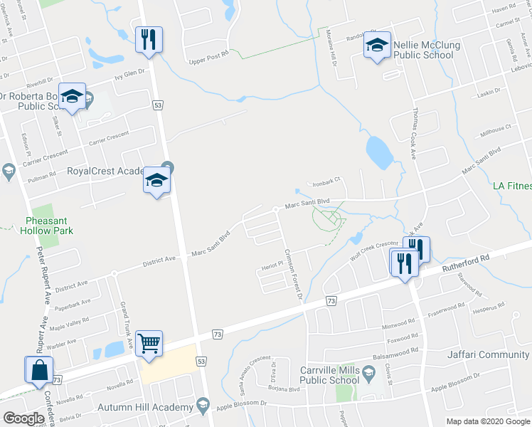 map of restaurants, bars, coffee shops, grocery stores, and more near 585 Marc Santi Boulevard in Vaughan