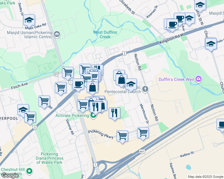 map of restaurants, bars, coffee shops, grocery stores, and more near 1958 Southview Drive in Pickering