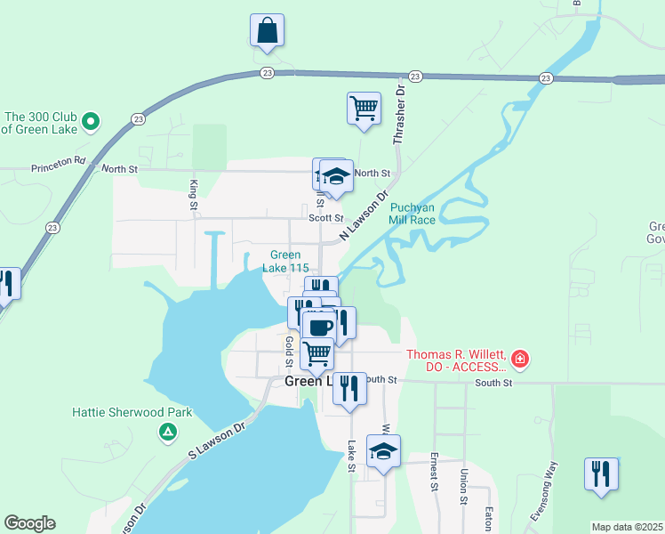 map of restaurants, bars, coffee shops, grocery stores, and more near 570 Mill Street in Green Lake