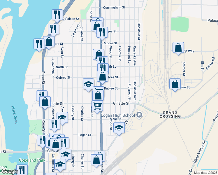 map of restaurants, bars, coffee shops, grocery stores, and more near 1215 Rublee Street in La Crosse