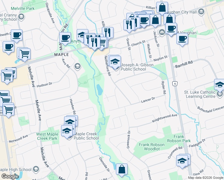 map of restaurants, bars, coffee shops, grocery stores, and more near 6 Clemson Crescent in Vaughan