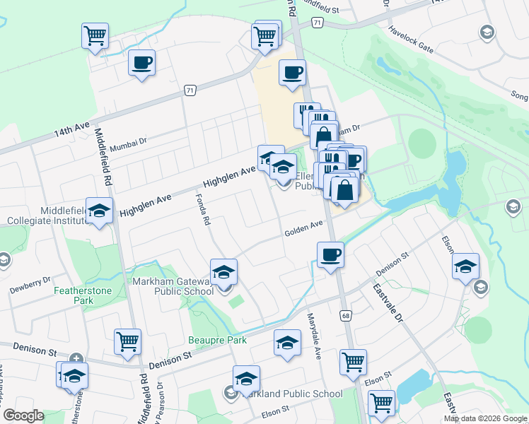 map of restaurants, bars, coffee shops, grocery stores, and more near 10 Brando Avenue in Markham
