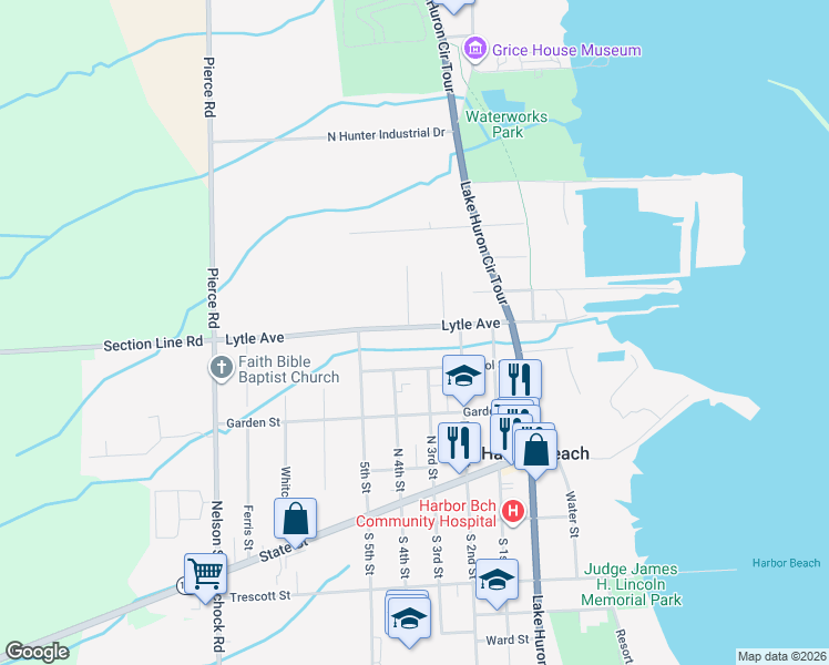 map of restaurants, bars, coffee shops, grocery stores, and more near 328 Lytle Avenue in Harbor Beach