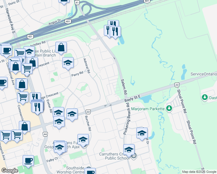 map of restaurants, bars, coffee shops, grocery stores, and more near 508 Danks Ridge Drive in Ajax