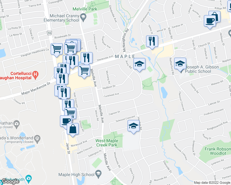 map of restaurants, bars, coffee shops, grocery stores, and more near 116 Lockheed Avenue in Vaughan