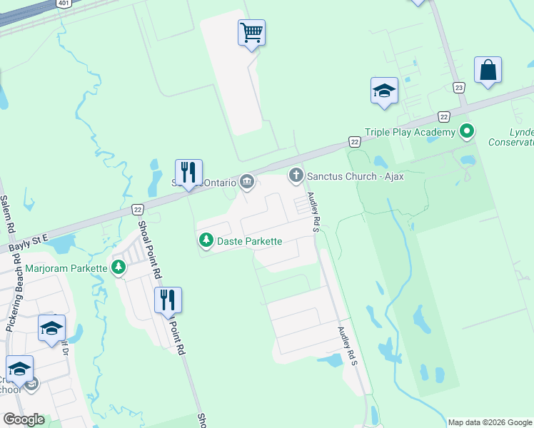 map of restaurants, bars, coffee shops, grocery stores, and more near 58 Whitefoot Crescent in Ajax