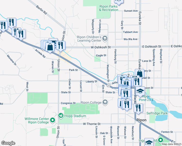 map of restaurants, bars, coffee shops, grocery stores, and more near 456 West Fond Du Lac Street in Ripon