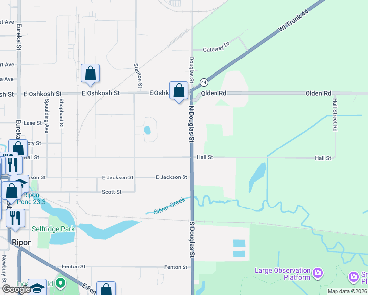 map of restaurants, bars, coffee shops, grocery stores, and more near 150 North Douglas Street in Ripon