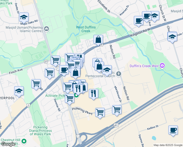 map of restaurants, bars, coffee shops, grocery stores, and more near 1606 Burnside Drive in Pickering