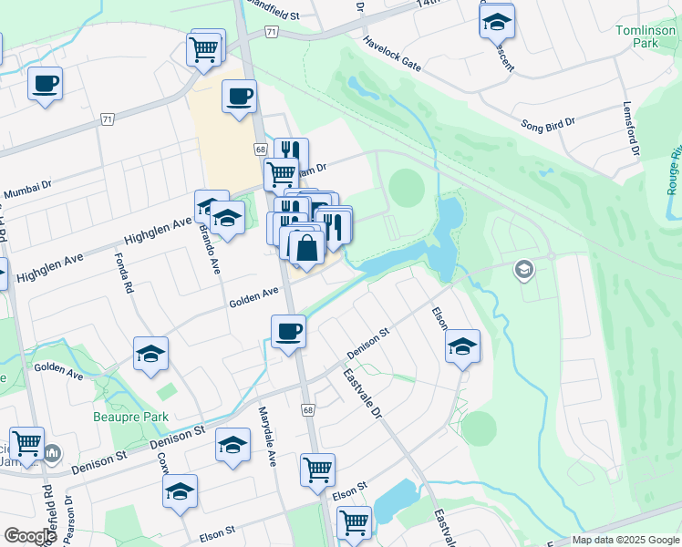 map of restaurants, bars, coffee shops, grocery stores, and more near 39 New Delhi Drive in Markham