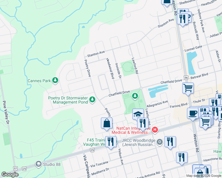 map of restaurants, bars, coffee shops, grocery stores, and more near 19 Antorisa Avenue in Vaughan