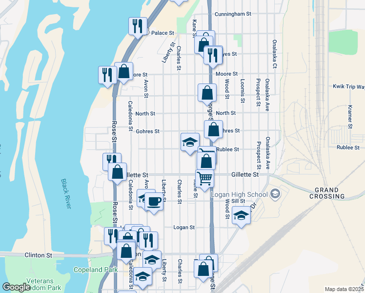 map of restaurants, bars, coffee shops, grocery stores, and more near 1702 Charles Street in La Crosse