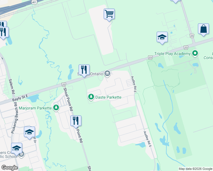 map of restaurants, bars, coffee shops, grocery stores, and more near 76 Whitefoot Crescent in Ajax