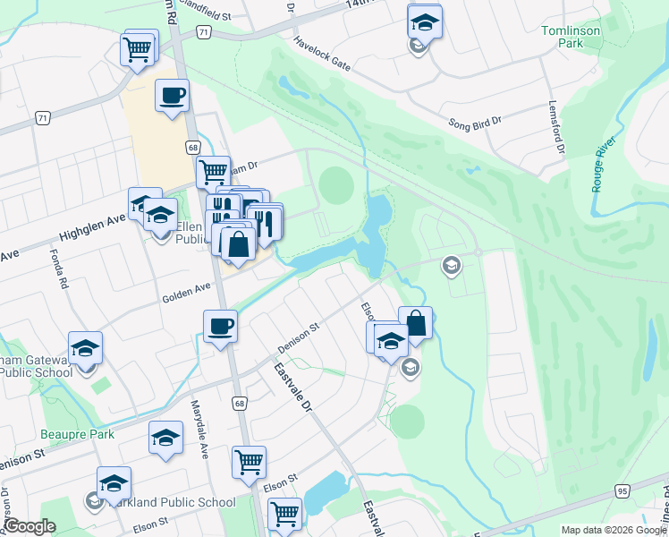 map of restaurants, bars, coffee shops, grocery stores, and more near 34 Ann Louise Crescent in Markham