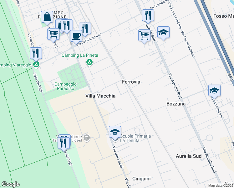 map of restaurants, bars, coffee shops, grocery stores, and more near 133/a Via dei Lecci in Viareggio