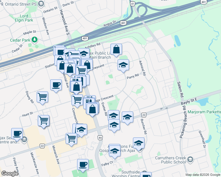 map of restaurants, bars, coffee shops, grocery stores, and more near 66 Rideout Street in Ajax