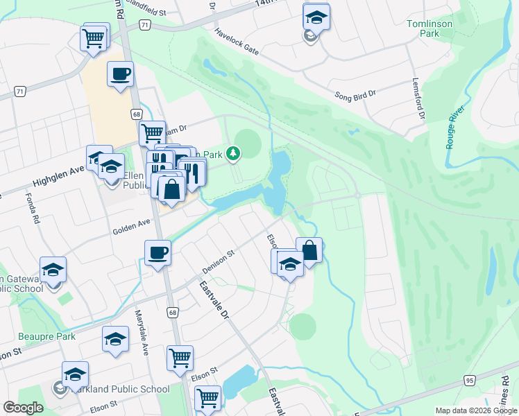 map of restaurants, bars, coffee shops, grocery stores, and more near 44 Ann Louise Crescent in Markham
