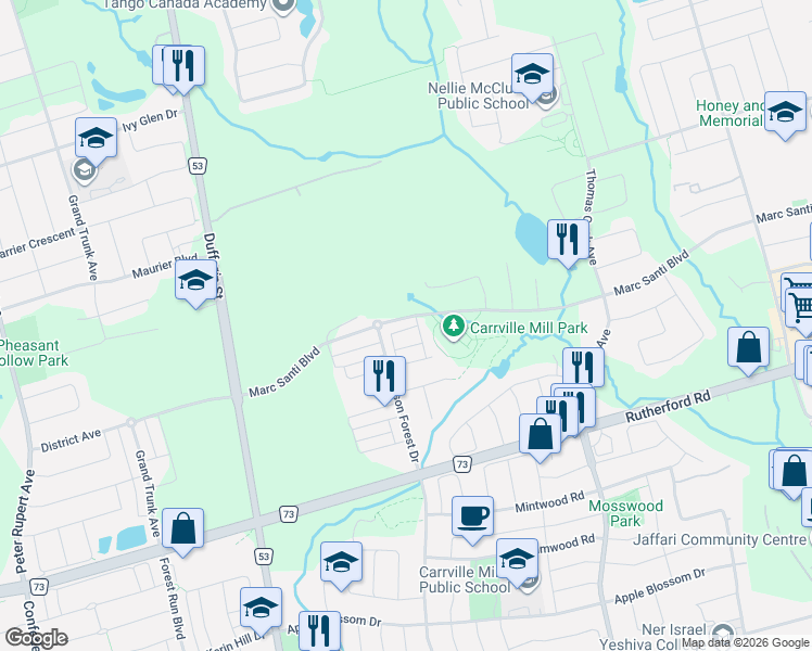 map of restaurants, bars, coffee shops, grocery stores, and more near 525 Marc Santi Boulevard in Vaughan
