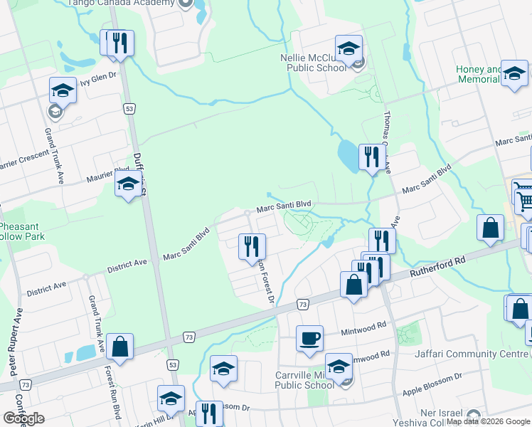 map of restaurants, bars, coffee shops, grocery stores, and more near 525 Marc Santi Boulevard in Vaughan