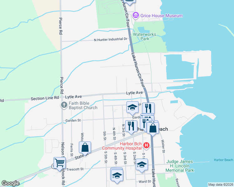 map of restaurants, bars, coffee shops, grocery stores, and more near 328 Lytle Avenue in Harbor Beach