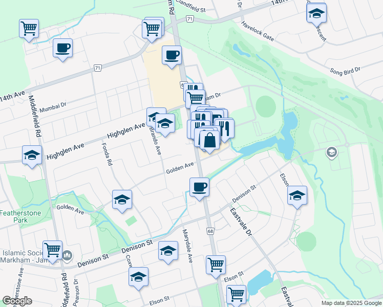 map of restaurants, bars, coffee shops, grocery stores, and more near 7400 Markham Road in Markham