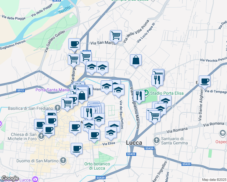 map of restaurants, bars, coffee shops, grocery stores, and more near 27 Via dei Bacchettoni in Lucca
