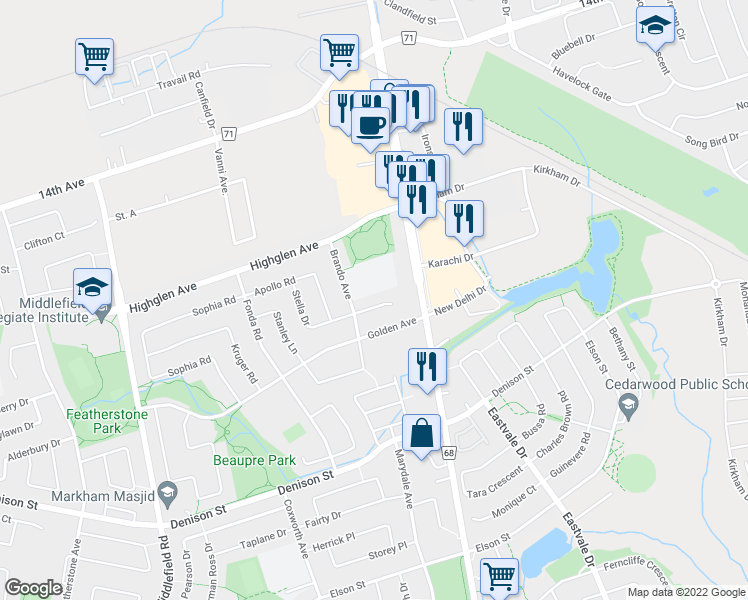 map of restaurants, bars, coffee shops, grocery stores, and more near 16 Angela Court in Markham