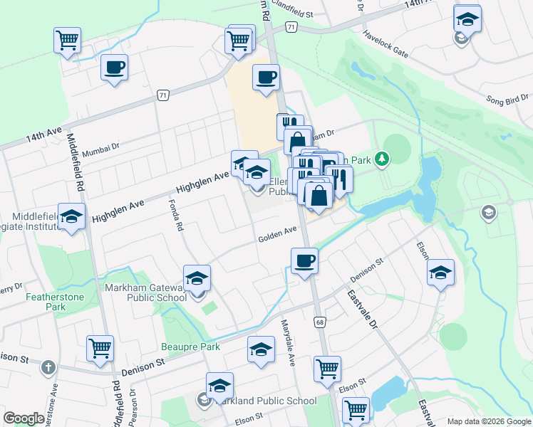 map of restaurants, bars, coffee shops, grocery stores, and more near 16 Angela Court in Markham
