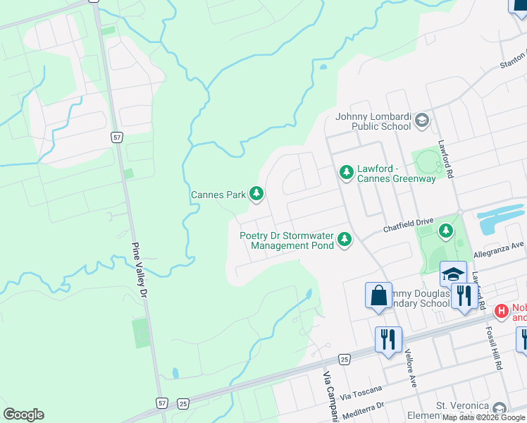 map of restaurants, bars, coffee shops, grocery stores, and more near 6 Orwell Drive in Vaughan