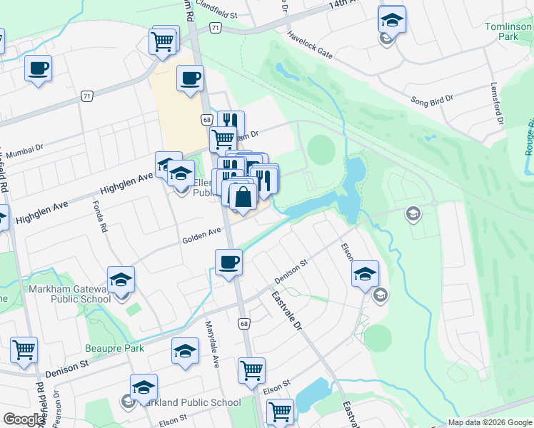 map of restaurants, bars, coffee shops, grocery stores, and more near 39 New Delhi Drive in Markham
