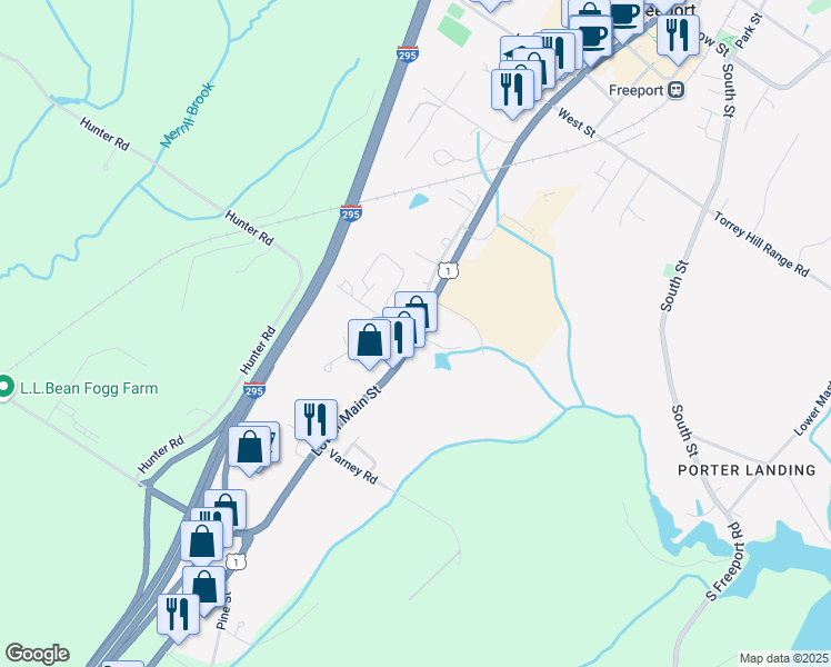 map of restaurants, bars, coffee shops, grocery stores, and more near 108 Lower Main Street in Freeport