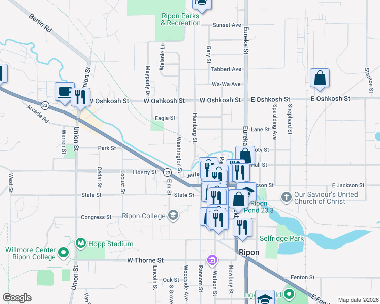 map of restaurants, bars, coffee shops, grocery stores, and more near 218 Hamburg Street in Ripon
