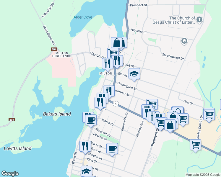 map of restaurants, bars, coffee shops, grocery stores, and more near 582 Main Street in Yarmouth