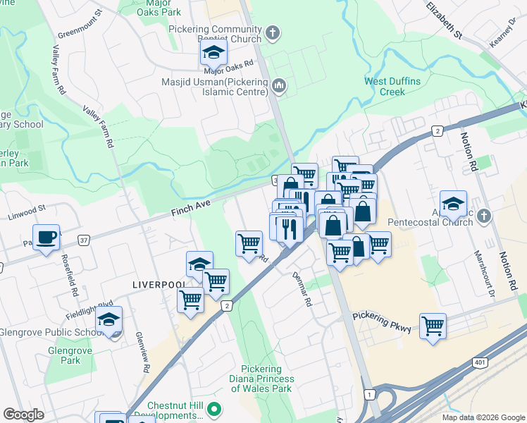 map of restaurants, bars, coffee shops, grocery stores, and more near 1982 Royal Road in Pickering